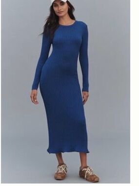 Anthropologie Ribbed Long-Sleeve Midi Dress in Royal Blue